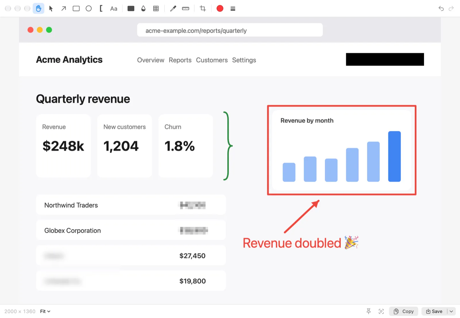 KelpShot editor showing a dashboard screenshot with an arrow, text, a highlighted chart, and a redacted email address